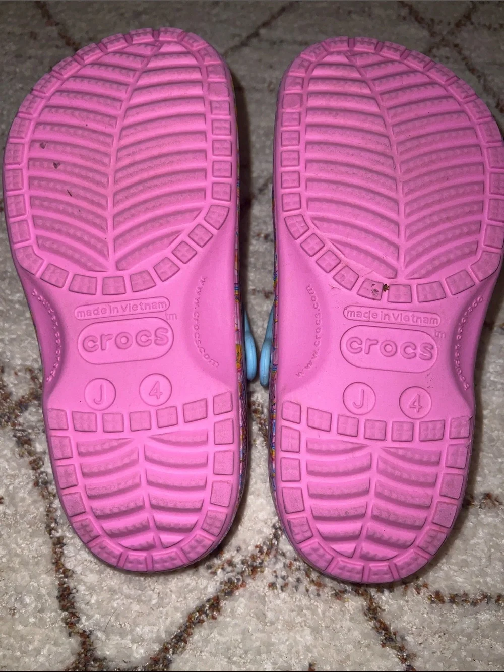 CROCS Pink Unicorn Pattern Clogs with Light Blue Heel Strap